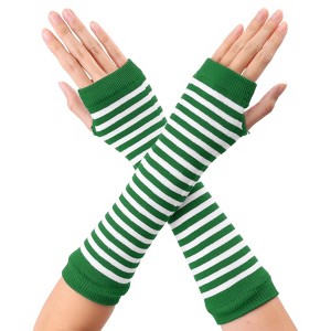Allegra K Women's Stripe Print Knitted Fingerless Elbow Length Gloves Warmers One Size 1 Pair - 1 of 4
