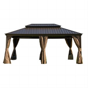 PAGED 10'X12' Hardtop Outdoor Canopies and Gazebos with Galvanized Steel Double Canopy for Patios Deck Backyard, Curtains and Netting, Brown - 1 of 4