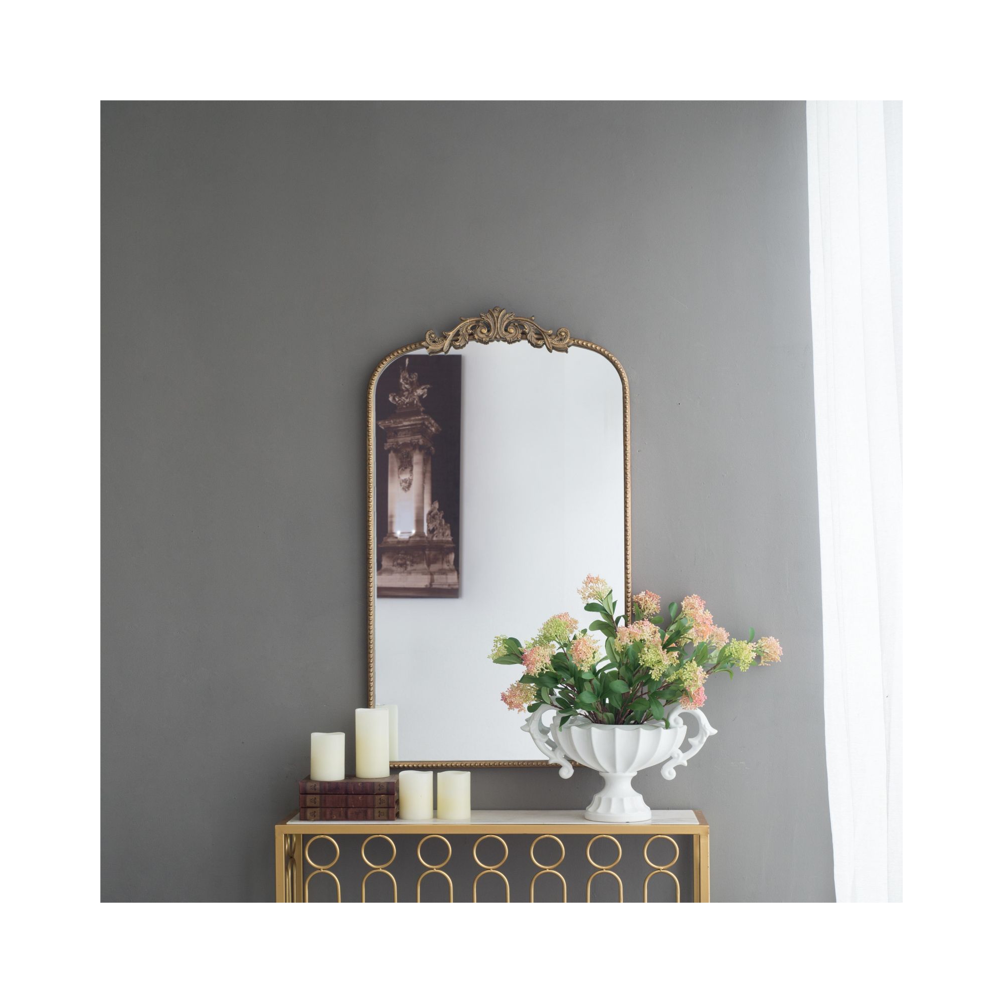 24" x 36" Vintage Gold Arched Wall Mirror, Ornate Baroque Mantle Mirror with Floral Crown for Entryway - Panipeachy