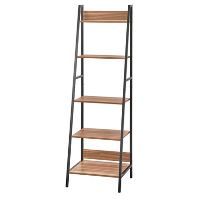 Modern Solid Wood 5-Tier Shelf Ladder Bookcase in Walnut