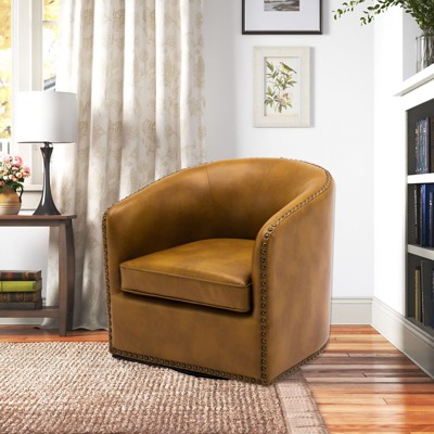 Okak Fine Modern Faux Leather 360° Swivel Chair Accent Chair with Soft Cushion Barrel Sofa Armchair with Round Base for Lounge Bedroom, Camel