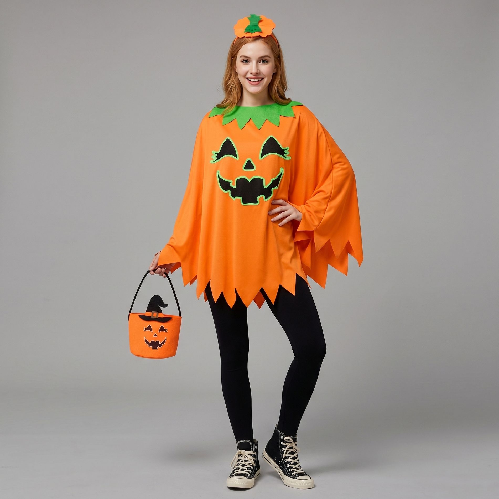 Joyfy Halloween Pumpkin Costume Glow-in-the-dark Pullover for Women – Includes Basket & Headband for Halloween Parties