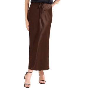 INSPIRE CHIC Women's Satin High Waist Drawstring Cocktail Wedding Maxi Skirt - 1 of 4