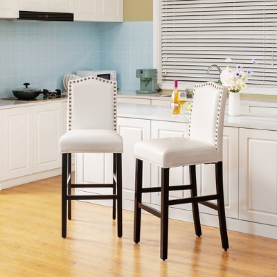 Set of 2 Cream White Leatherette Studded Barstools with Wood Legs