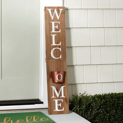 Rustic Brown Wooden Welcome Sign with Copper Planter