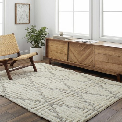 Livi Ivory and Gray Plush Polyester Area Rug 5'3" x 7'