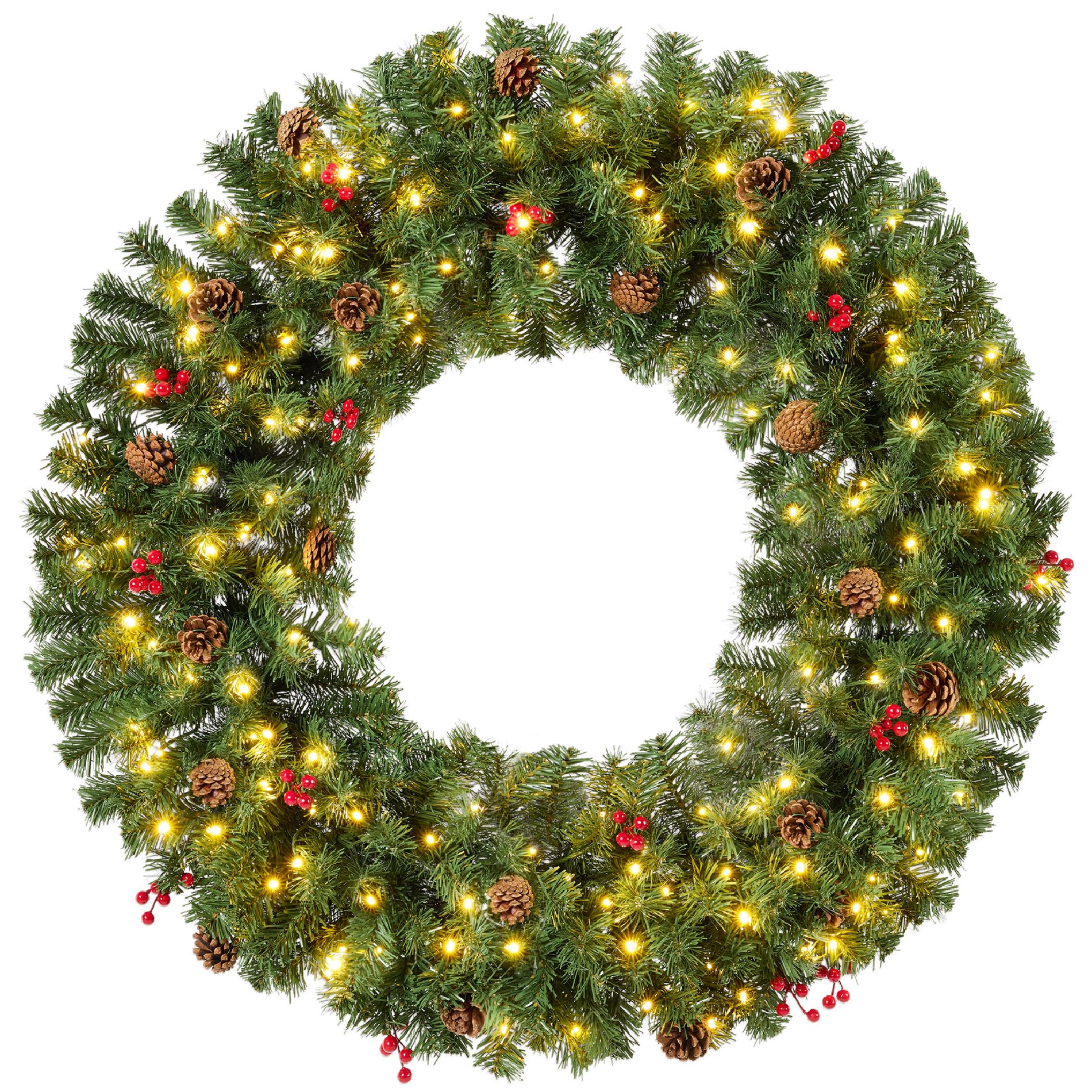 Best Choice Products Pre-Lit Christmas Wreath w/Berries & Pinecones, Large Artificial Indoor/Outdoor Décor, Plug-in