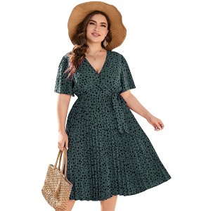 Plus Size Women's V-Neck Short Sleeve Dress with Pleated Hem Belted Waist Midi Length - 1 of 4