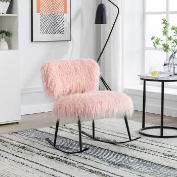 25''W Faux Fur Plush Nursery Rocking Chair, Fluffy Upholstered Accent Glider Chair with Metal Rocker-ModernLuxe