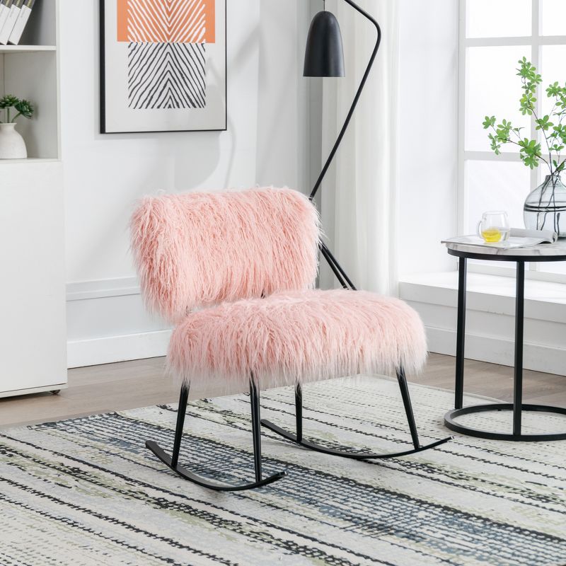 25''W Faux Fur Plush Nursery Rocking Chair, Fluffy Upholstered Accent Glider Chair with Metal Rocker-ModernLuxe, 1 of 8