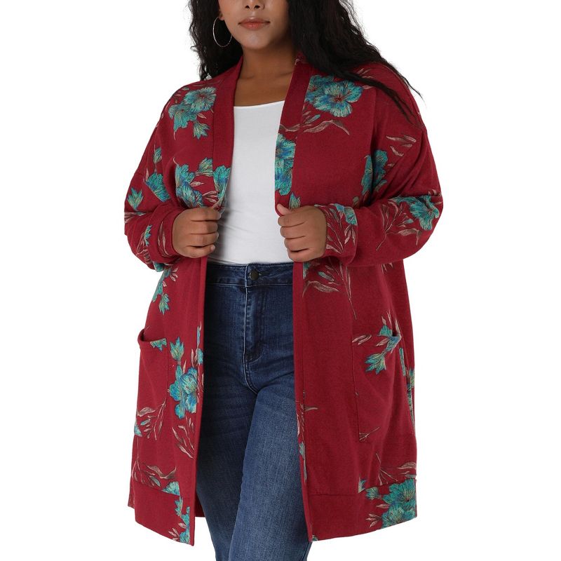 Agnes Orinda Women's Plus Size Lightweight Open Front Knit Floral Cardigan, 3 of 8