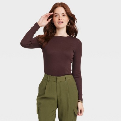Women's Long Sleeve Slim Fit Crewneck T-shirt - A New Day™ Brown L : Target