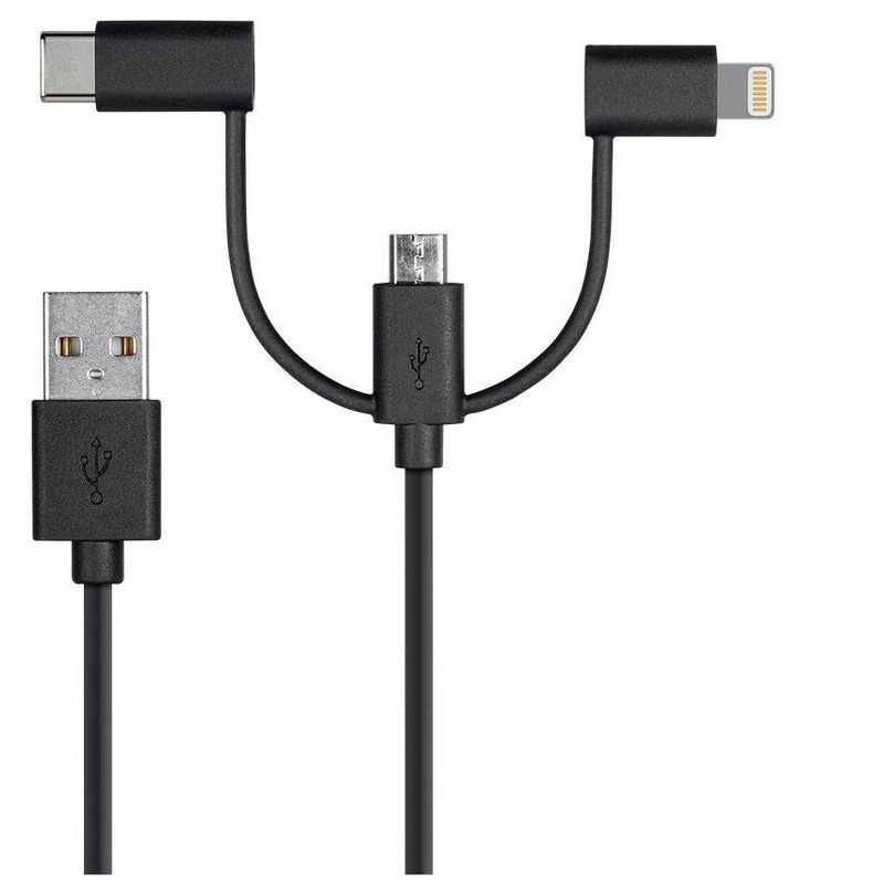 Monoprice USB & Lightning Cable - 3 Feet - Black | MFi Certified USB to Micro USB + USB Type-C + Lightning 3 in 1 Charge & Sync Cable, 1 of 7