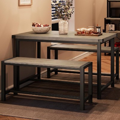 3 Piece Dining Table Set for 4 with Space-Saving Benches, Tabletop, Steel Frame, Modern Farmhouse Kitchen Table for Small Spaces