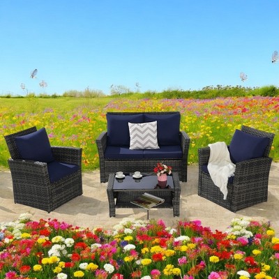 Mshliw 4-Piece Outdoor Patio Furniture Set, Garden Wicker Sofa with Tempered Glass Coffee Table, Poolside Lawn Chairs, Cushions, Modular Design