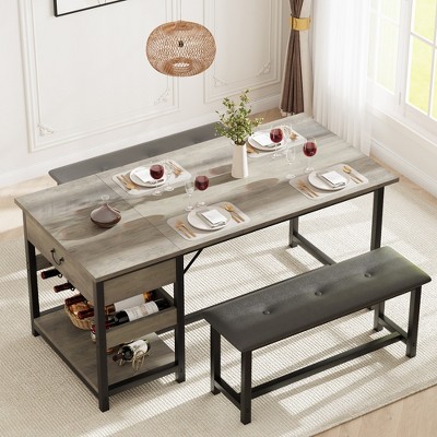 Dining Table Set for 4, Kitchen Table Set with Upholstered Benches, Dining Room Table with Storage Drawers & Wine Rack for Small Space-Grey