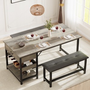 Dining Table Set for 4, Kitchen Table Set with Upholstered Benches, Dining Room Table with Storage Drawers & Wine Rack for Small Space - 1 of 4