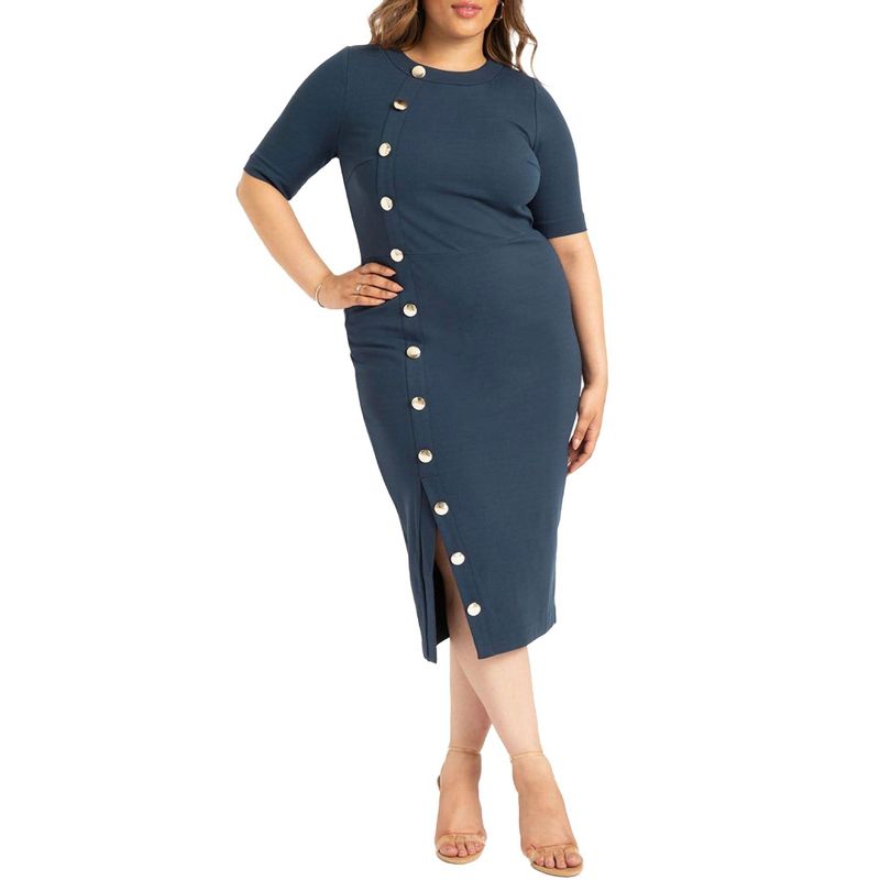 ELOQUII Women's Plus Size Button Front Workwear Dress, 1 of 2