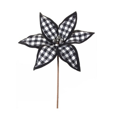 Melrose 15.25" Black and White Plaid Long Stem Poinsettia Flower Pick