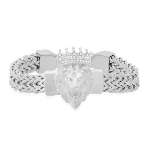 Steeltime Men's stainless steel double row wheat chain links and simulated diamonds lion head bracelet - 1 of 4