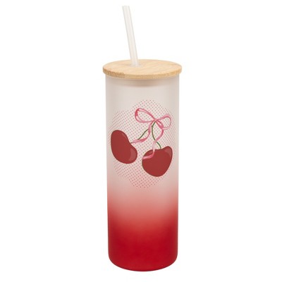 Elanze Designs 25 Ounce Frosted Glass Gradient Travel Tumbler With Straw and Wooden Lid, Cherry Bow Red