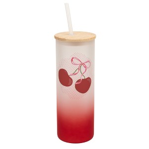 Elanze Designs 25 Ounce Frosted Glass Gradient Travel Tumbler With Straw and Wooden Lid, Cherry Bow Red - 1 of 1