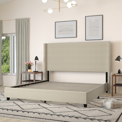 Beige King Upholstered Platform Bed with Wingback Headboard