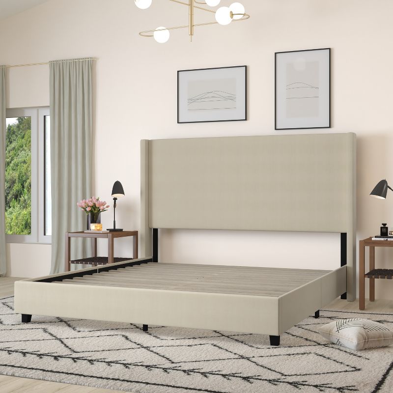 Merrick Lane Modern Platform Bed - Gray Faux Linen - Queen - Padded Wingback Headboard - 8.5" Floor Clearance - Wood Support Slats - No Box Spring Needed, 5 of 13