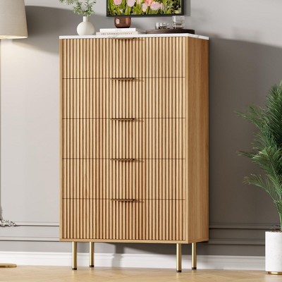 Fluted Wood Dresser 5 Drawers Dresser for Bedroom, Modern Chest of Drawers, Tall Brown Dresser with Gold Handle