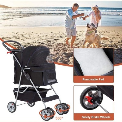 Black 4-Wheeled Folding Pet Stroller with Mesh Windows