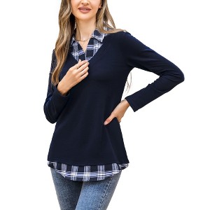 Clearlove Women's Long Sleeve V Neck Contrast Collar Shirt A-line Pleated Office Tunic - 1 of 4