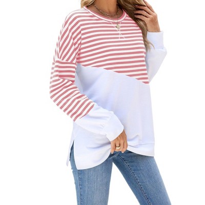 Coolmee Women's Sweatshirt Long Sleeve Crewneck Striped Sweatshirt Trendy Fall Tops Pullover Sweatshirts