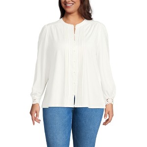 Lands' End Women's Lightweight Jersey Long Sleeve Button Front Pintuck Top - 1 of 4