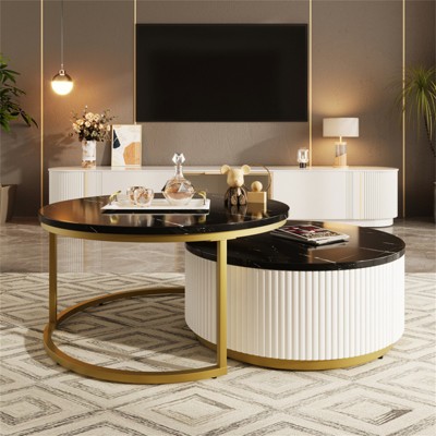 RISOKEYS Round Nesting Coffee Table -  Modern Round Coffee Table with Fluted Design and Drawer, for Living Room