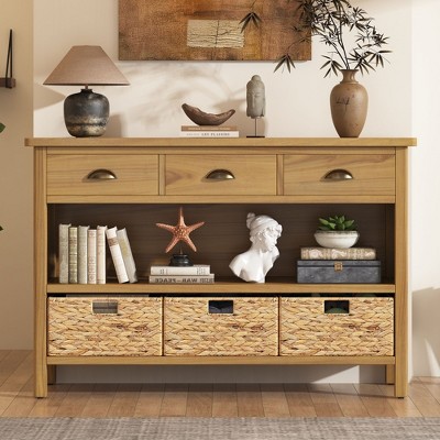 NicBex Vintage Console Table with Storage,Multi-Color Entryway Table with 3 Drawers & 3 Woven Baskets,Foyer Table for Entryway,Hallway,Living Room