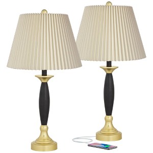 360 Lighting Kamila Traditional Table Lamps 27" Tall Set of 2 Gold Black Ivory with Dual USB Charging Ports Linen Shade for Bedroom Living Room House - 1 of 4
