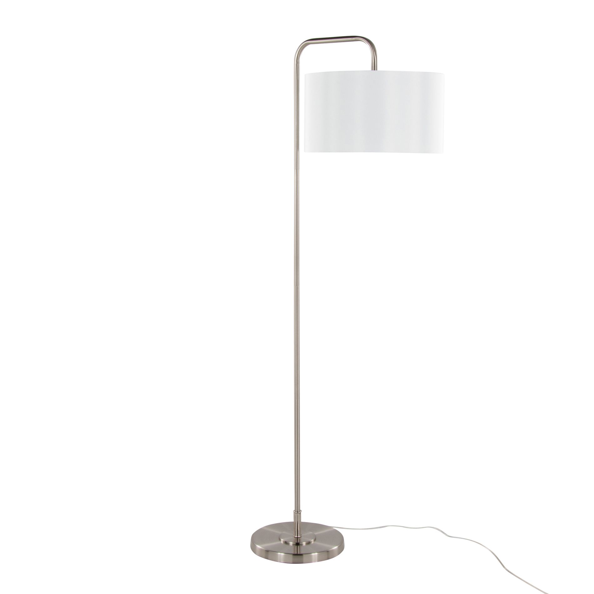 Contemporary Brushed Nickel Arched Floor Lamp with White Linen Drum Shade, 63 Inch Tall for Reading Nook or Office