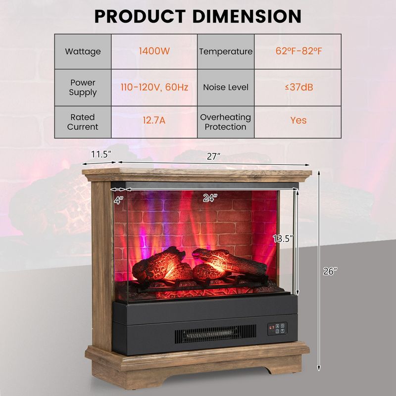 Costway 27'' Electric Fireplace Heater Freestanding 1400W Remote Control Timing Function Brown/Black/White, 3 of 11