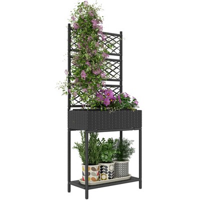 Outsunny Wicker Planter with Trellis for Climbing Plants, Freestanding Rattan Planter with Storage Shelf for Garden, Balcony