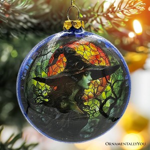 Witch and Black Cat Stained Glass Handblown Ornament, Spooky Halloween and Christmas Tree Decor| OrnamentallyYou - 1 of 4