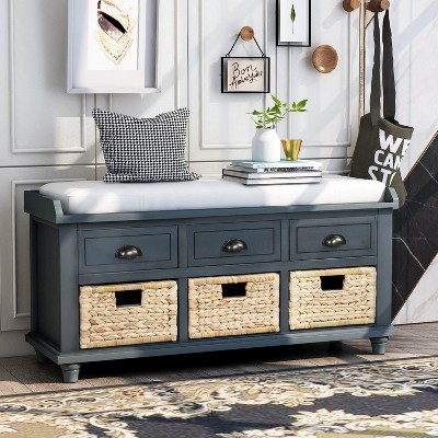 ORRD Rustic Entryway Bench - 3 Drawers & 3 Rattan Baskets - Shoe Storage & Seating