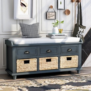 ORRD Rustic Entryway Bench - 3 Drawers & 3 Rattan Baskets - Shoe Storage & Seating - 1 of 4