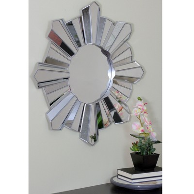 Modern Silver Sunburst Round Wall Mirror