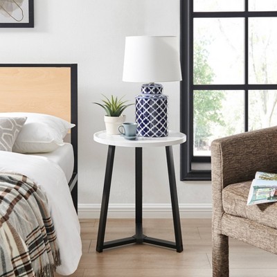 Harper Round White Marble and Black Metal Side Table