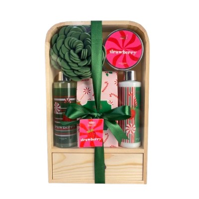 Elegant Modern 6-piece Strawberry Bath and Body Gift Set in a Natural Wood Curio
