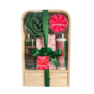Elegant Modern 6-piece Strawberry Bath and Body Gift Set in a Natural Wood Curio - 1 of 1