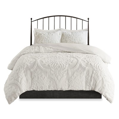 White Tufted Cotton Chenille Damask King Duvet Set