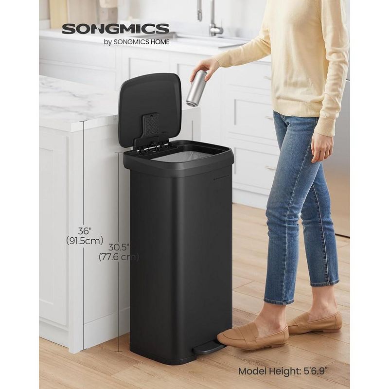 SONGMICS Kitchen Trash Can, 18-Gallon Stainless Steel Garbage Can, with Stay-Open Lid and Step-on Pedal, Soft Closure, Tall, Large, Black, 2 of 10