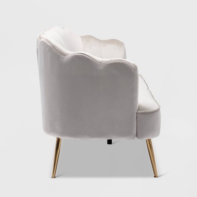 Beige Velvet Channel Stitch 3-Seater Shell Sofa with Gold Legs