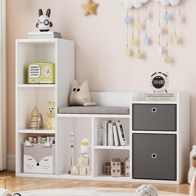 Kids Bookshelf 44.1in Width Toy Storage Organizer with Reading Nook White Bookcase Seat Cushion
